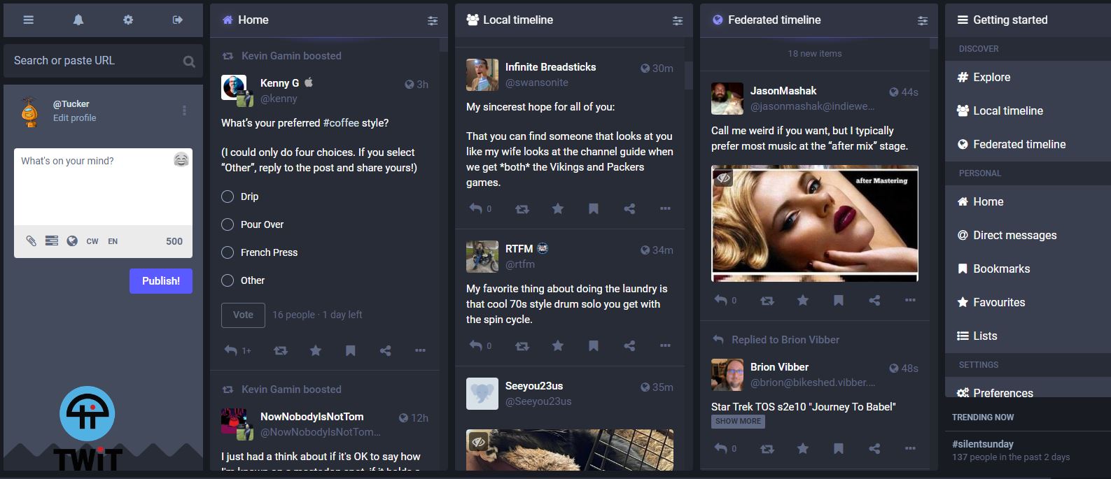 image of a computer screen with mastodon.{caption=Mastodon Home Screen.}