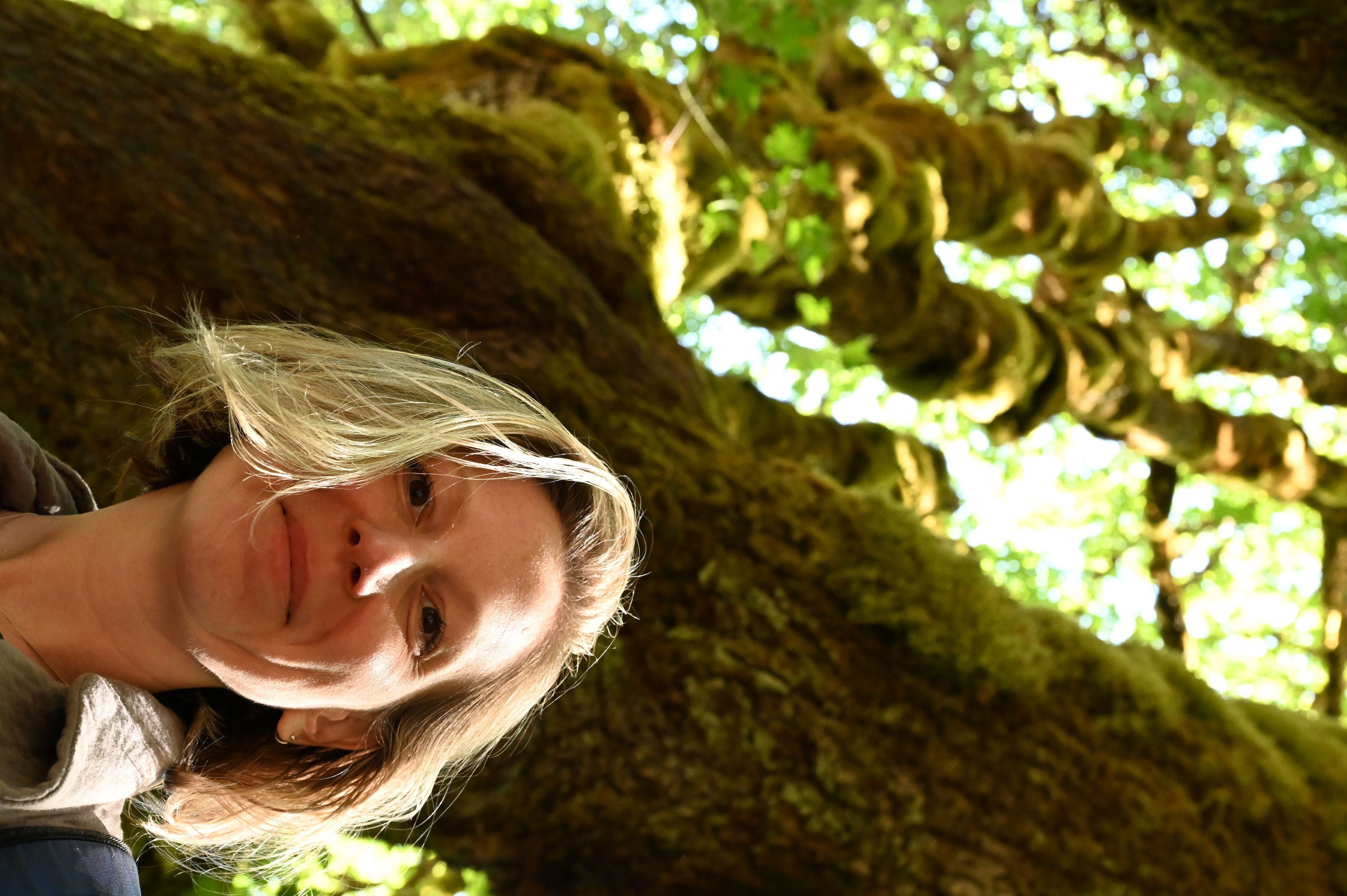 image of a Meg under tree at Marymere Falls